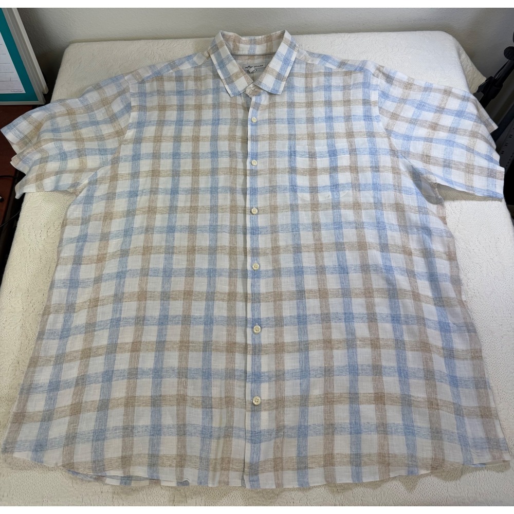 Peter Millar Mens XXL Plaid Linen Blend Short Sleeve Button Down MS21W03CFS Blue